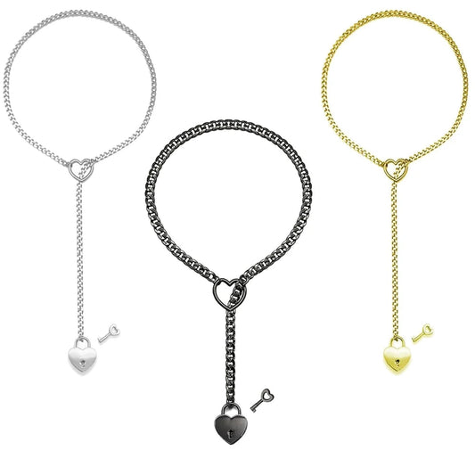 Adjustable Heart O-Ring Punk Rock Cuban Chain Necklace – Lariat Y-Style Necklace with Key & Heart Lock Pendant